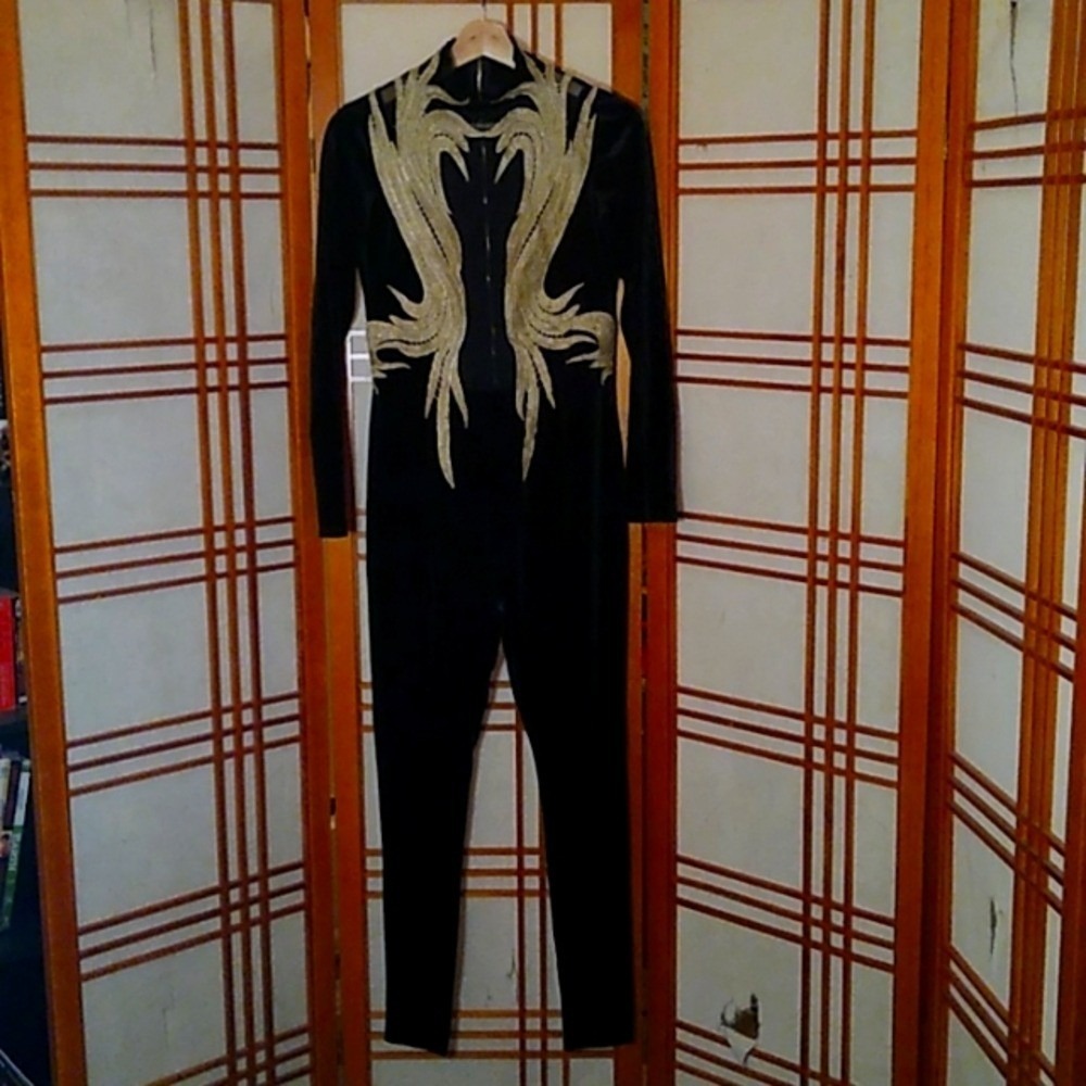 K Too Black Velvet Jumpsuit Gold Stitched Sheer Mesh Mock Neck Bodycon M